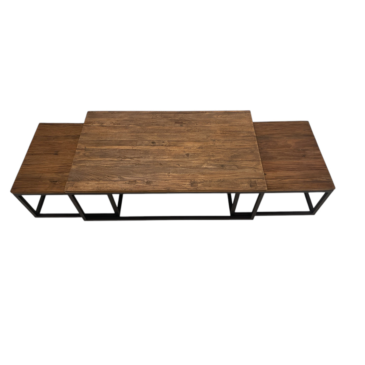 Reclaimed elm nesting coffee tables on open metal frames