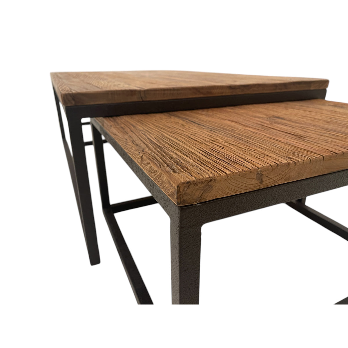 Reclaimed elm nesting coffee tables on open metal frames