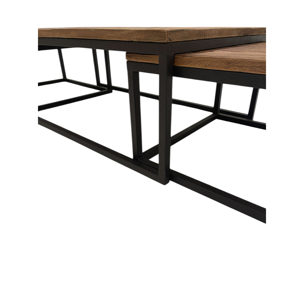 Reclaimed elm nesting coffee tables on open metal frames