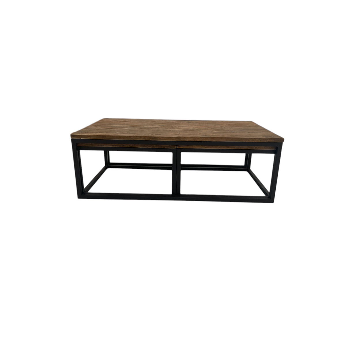 Reclaimed elm nesting coffee tables on open metal frames