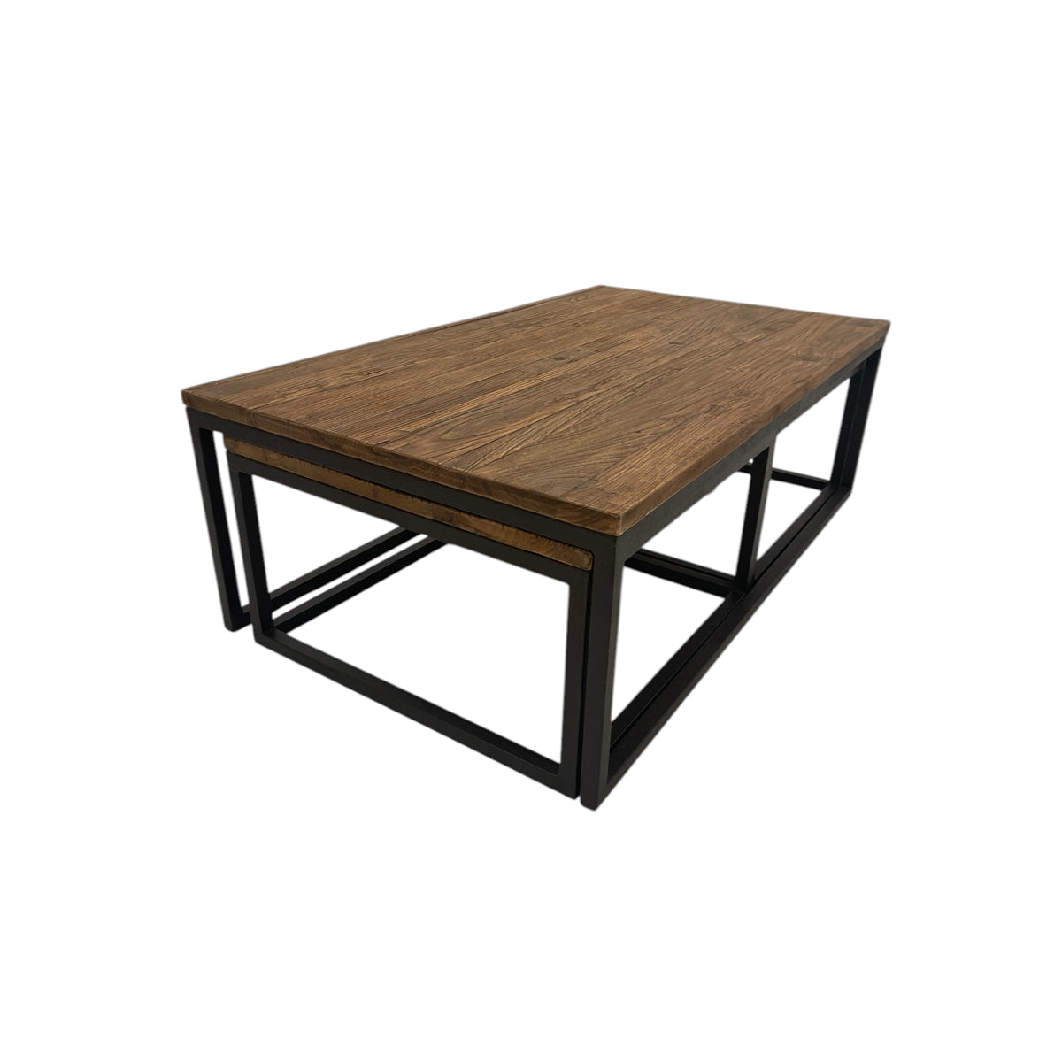 Reclaimed elm nesting coffee tables on open metal frames
