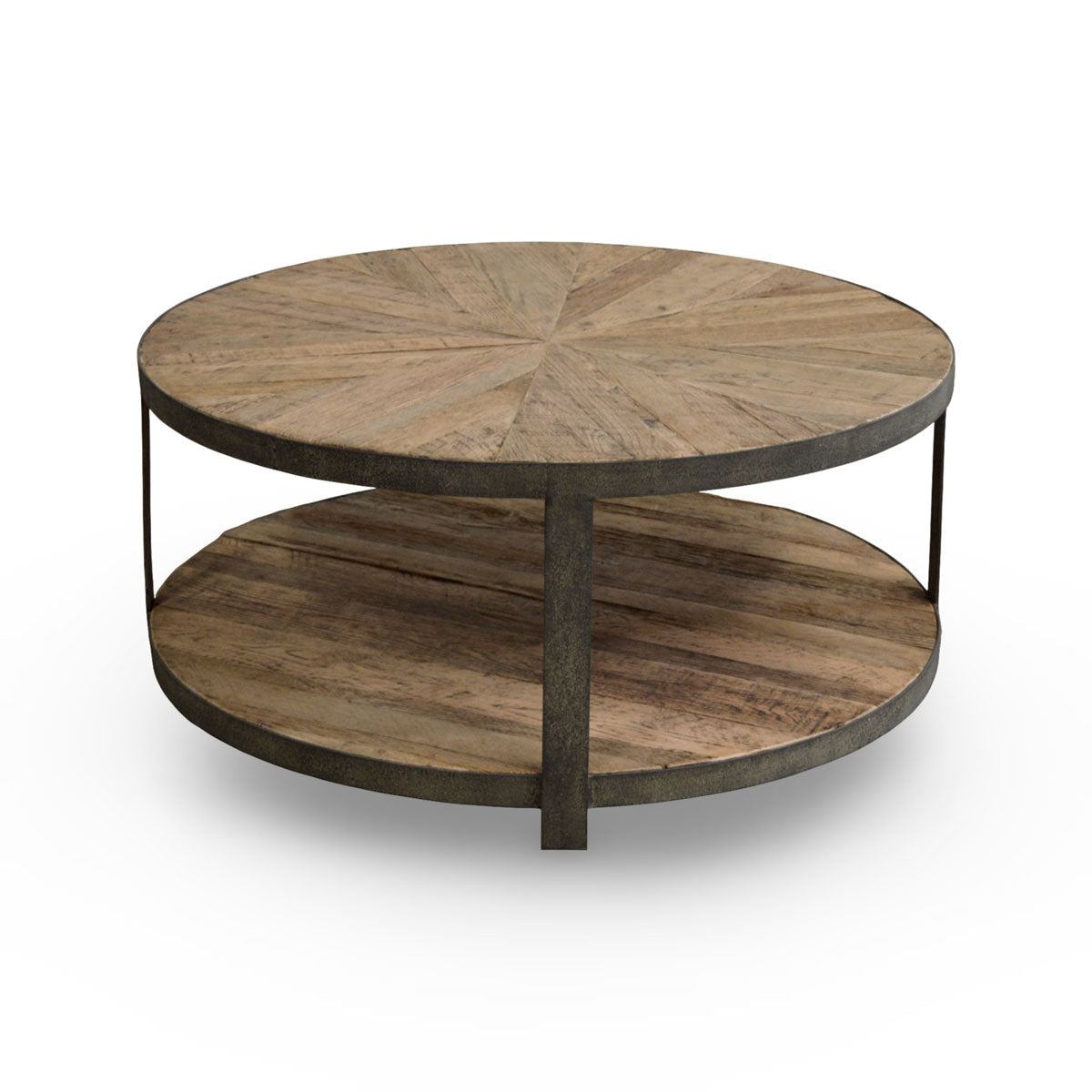 Round reclaimed oak coffee table with iron frame and lower shelf