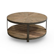 Round reclaimed oak coffee table with iron frame and lower shelf
