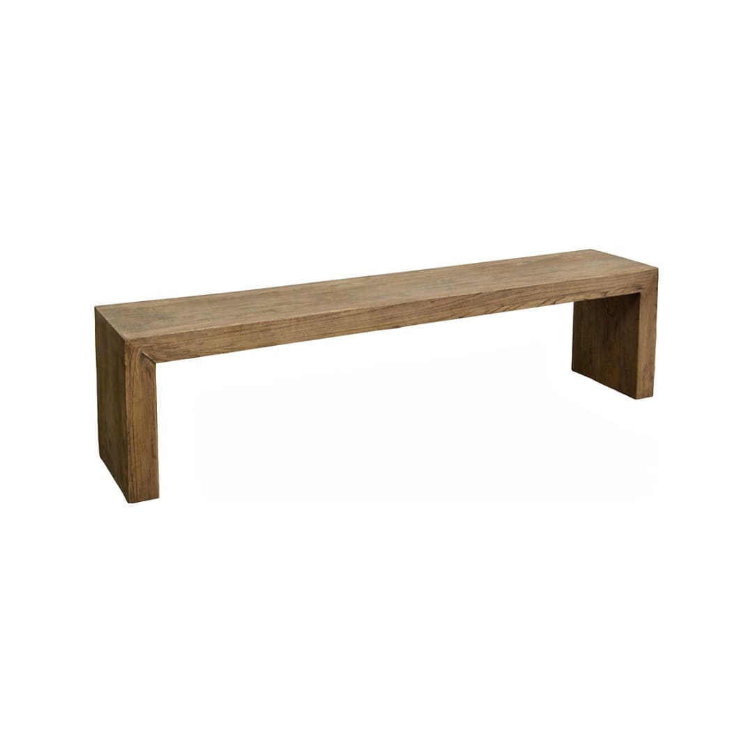 Long reclaimed elm bench with visible grain and broad end legs.