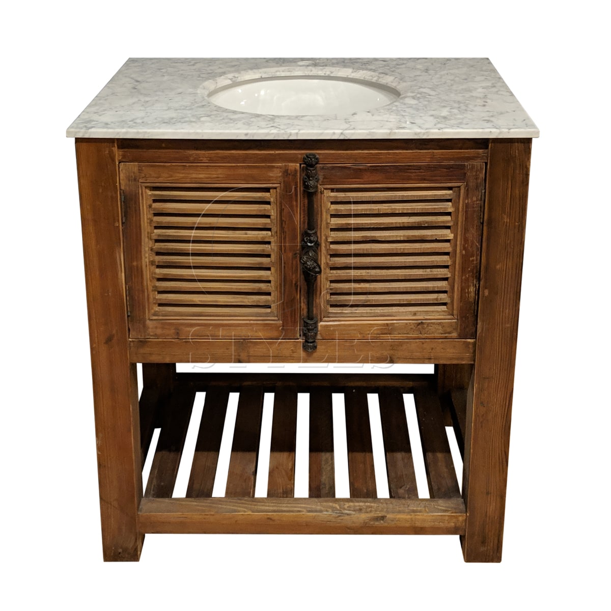 Old Pine Louvered Vanity with White Marble