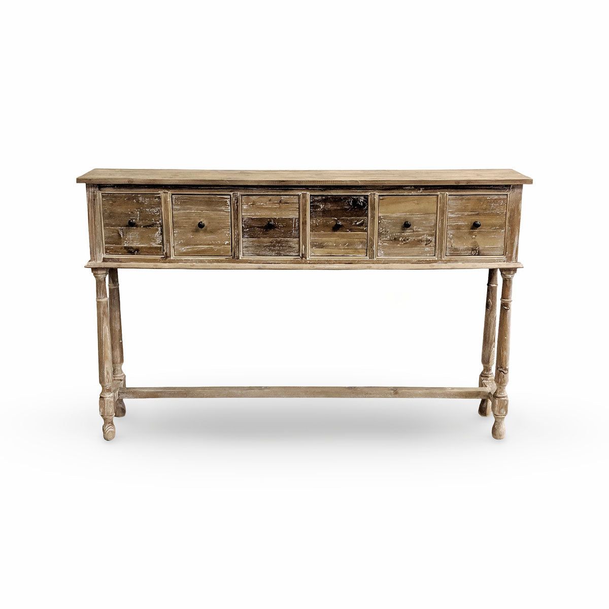 Reclaimed pine console table with washed drawers and turned leg base