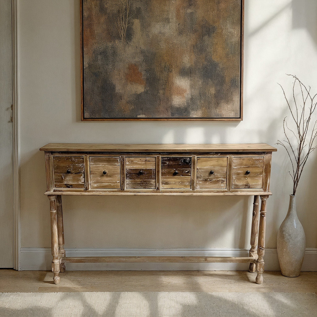 Reclaimed pine console table with washed drawers and turned leg base