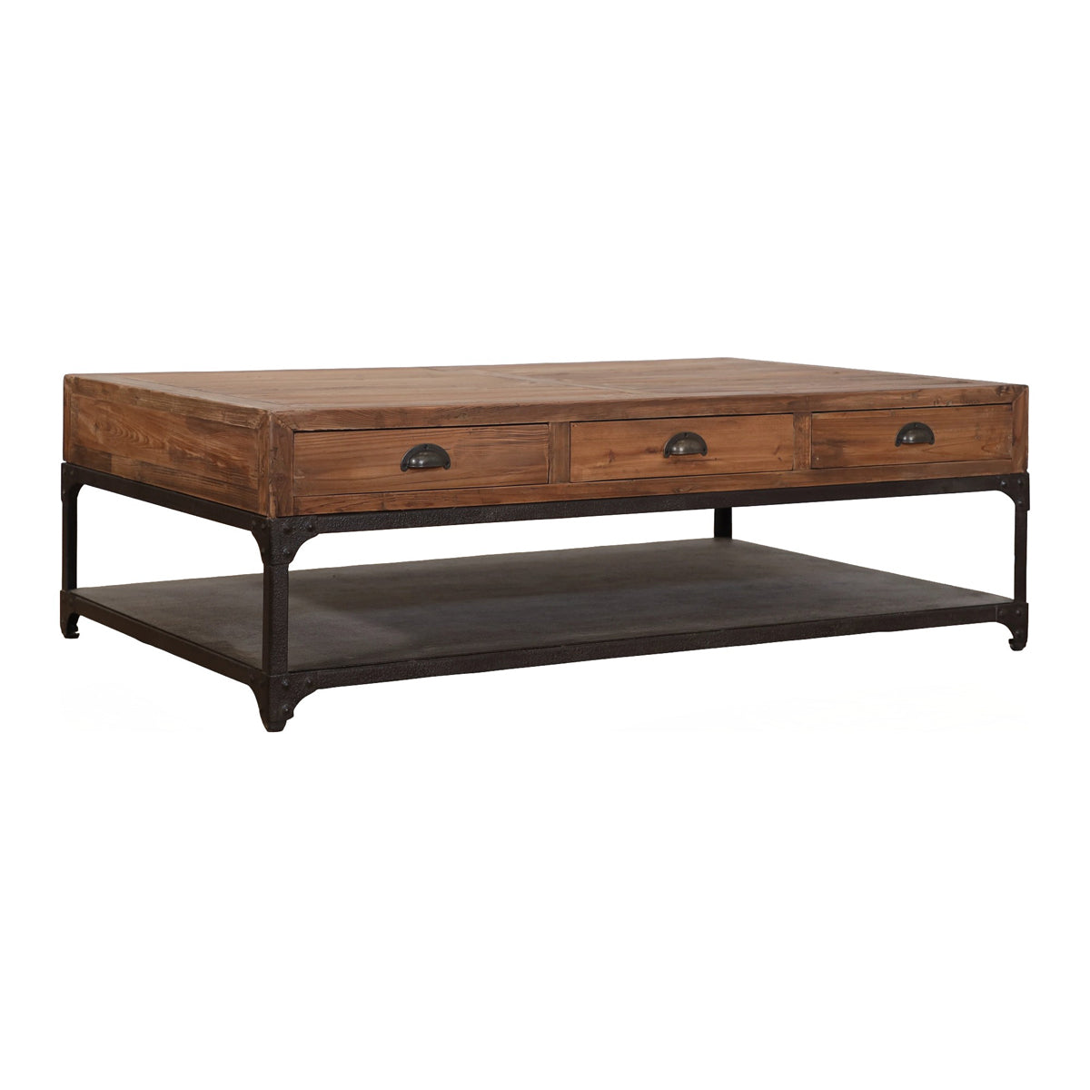 Reclaimed pine coffee table with drawers and a metal lower shelf