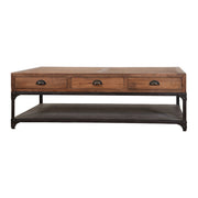 Reclaimed pine coffee table with drawers and a metal lower shelf