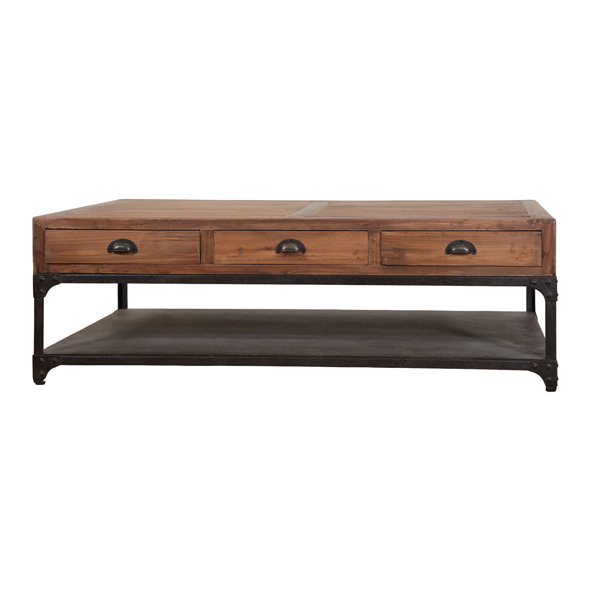 Reclaimed pine coffee table with drawers and a metal lower shelf