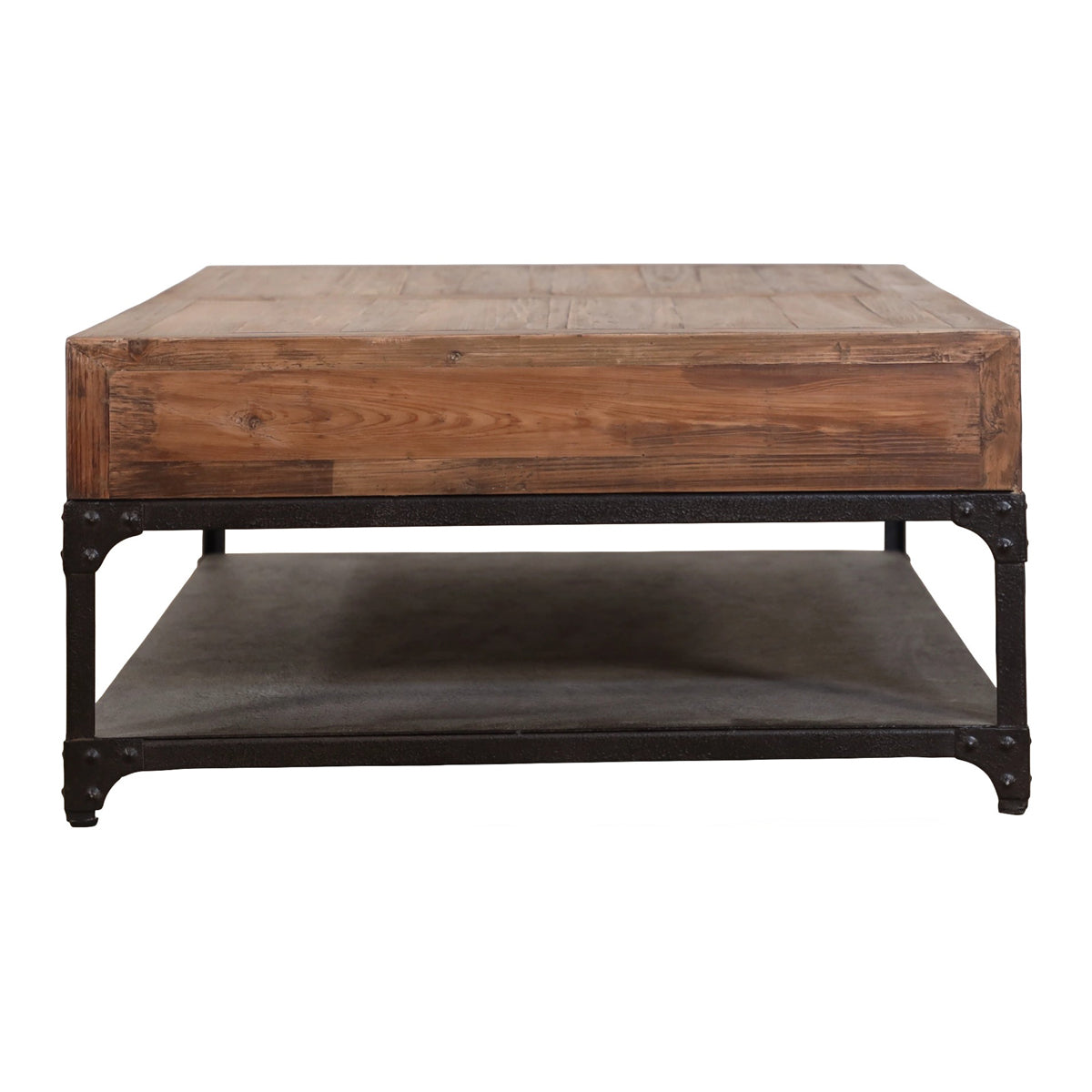 Reclaimed pine coffee table with drawers and a metal lower shelf