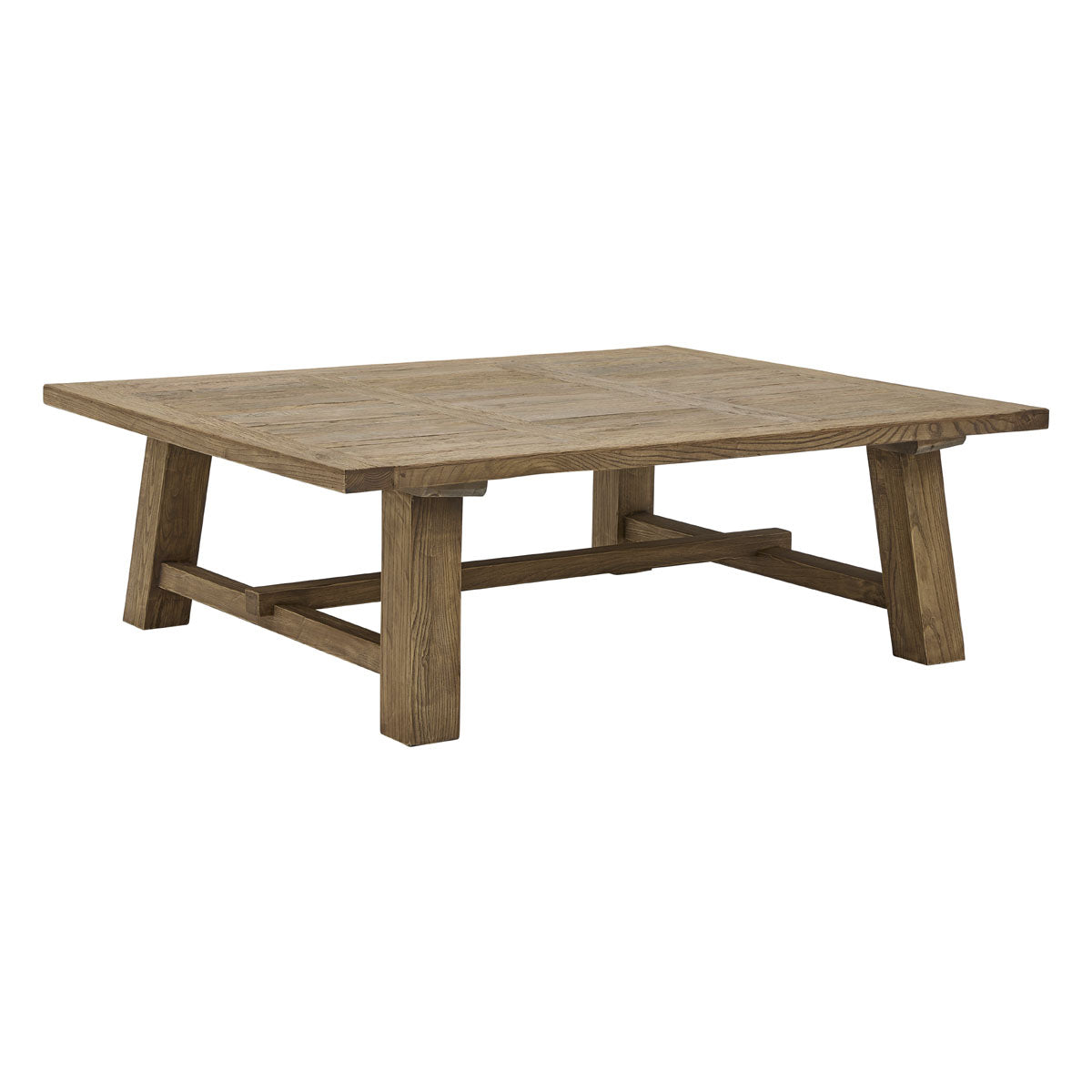 Broad reclaimed oak coffee table on angled legs with stretcher