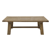 Broad reclaimed oak coffee table on angled legs with stretcher