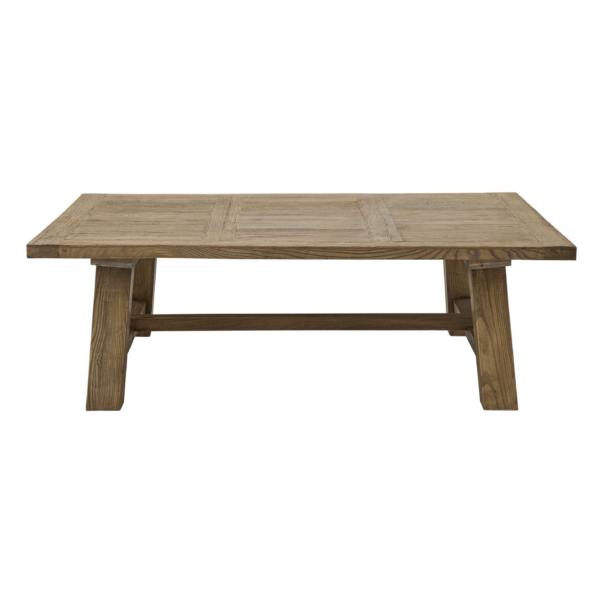 Broad reclaimed oak coffee table on angled legs with stretcher