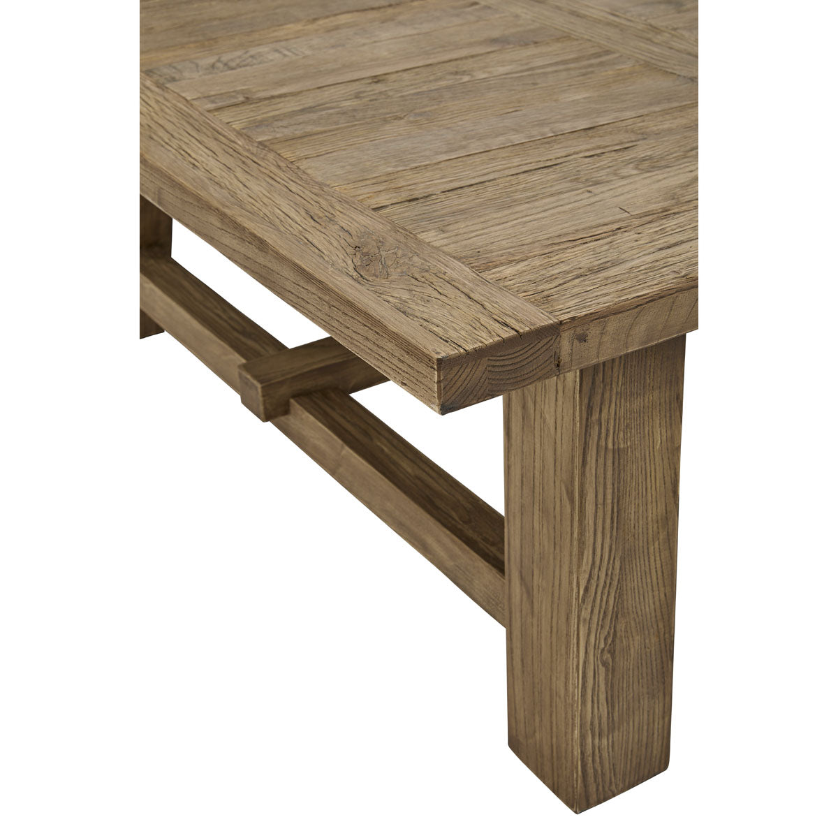 Broad reclaimed oak coffee table on angled legs with stretcher
