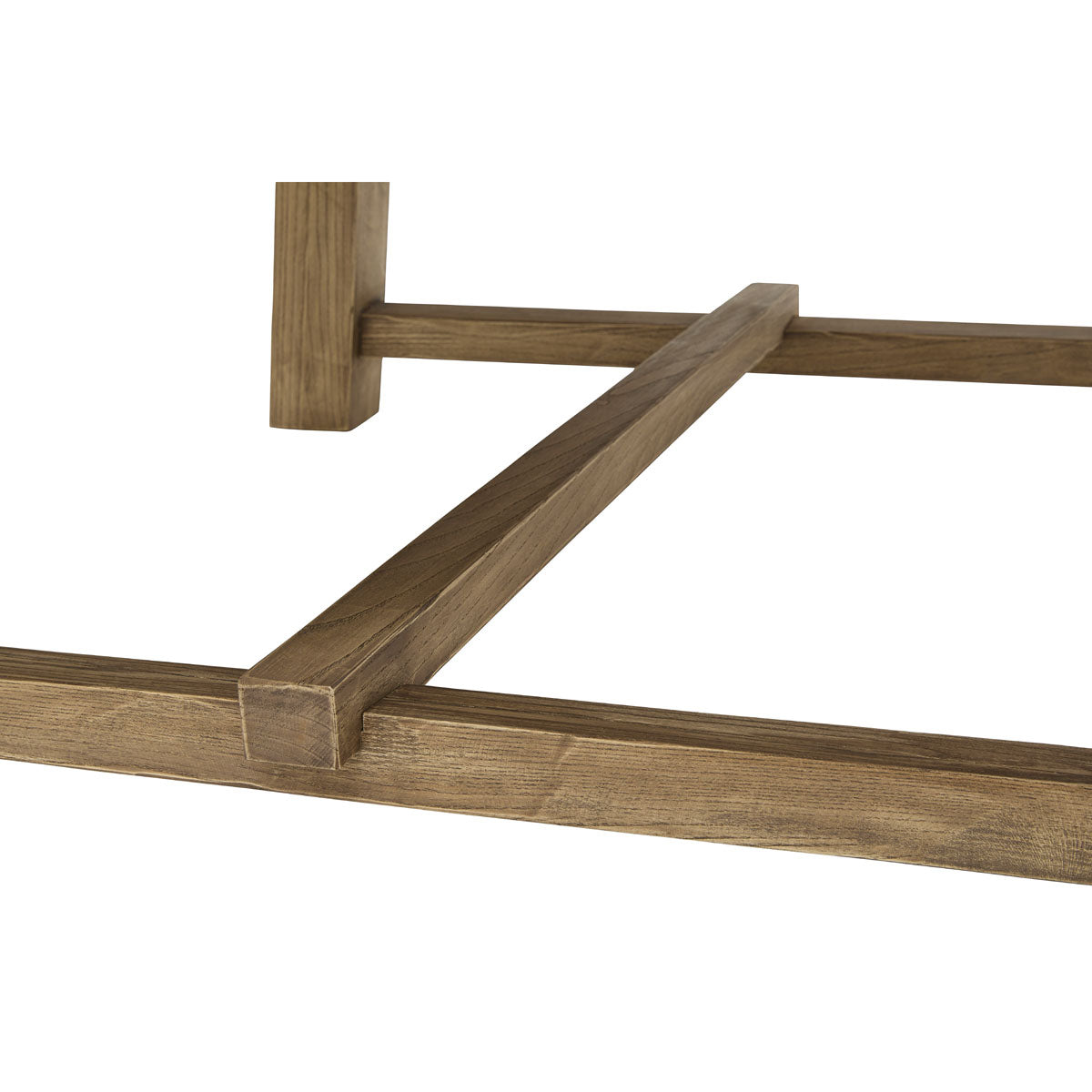 Broad reclaimed oak coffee table on angled legs with stretcher