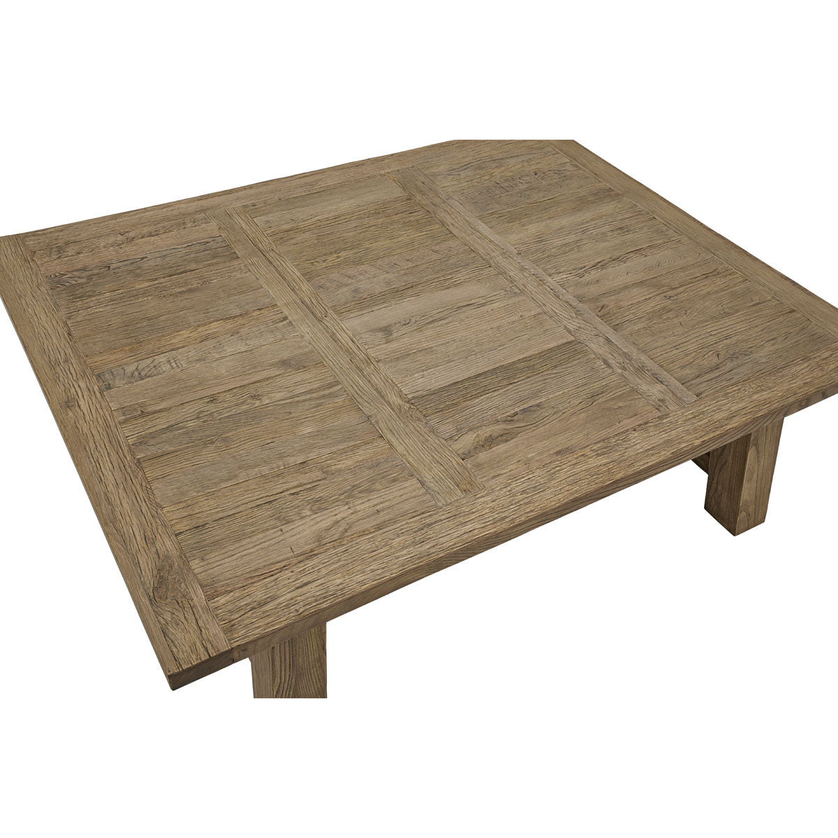 Broad reclaimed oak coffee table on angled legs with stretcher