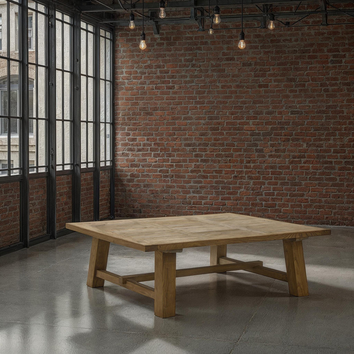 Broad reclaimed oak coffee table on angled legs with stretcher