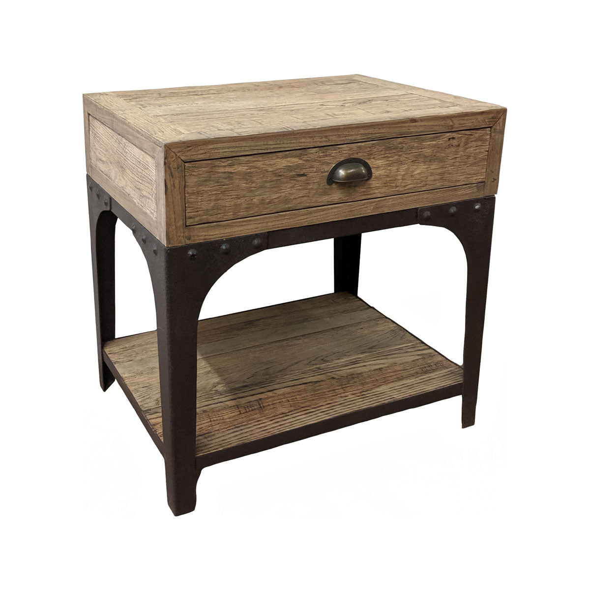 Reclaimed oak side table with a drawer, lower shelf and metal supports