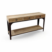 Reclaimed oak console table with upper drawers and lower open shelf