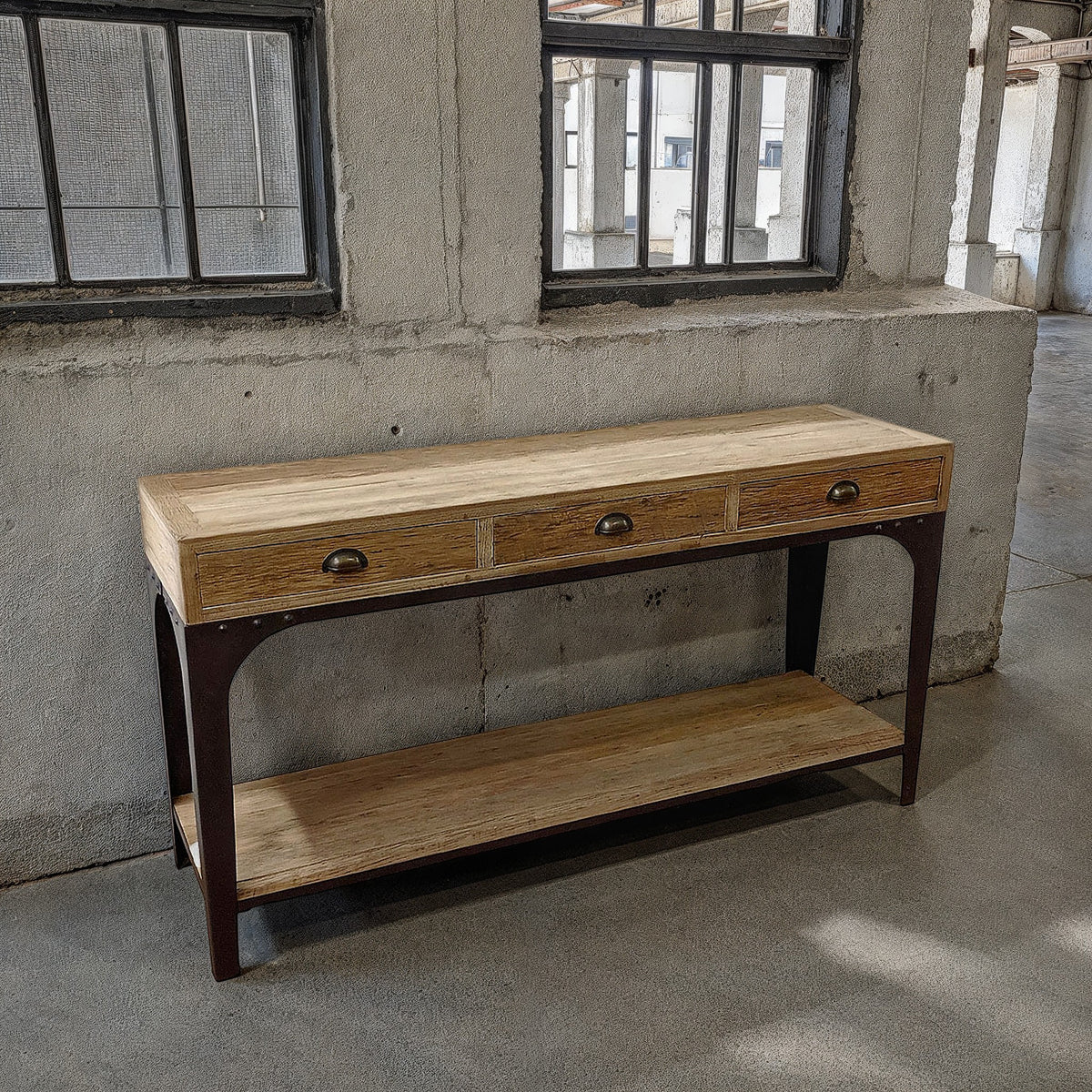 Reclaimed oak console table with upper drawers and lower open shelf