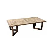 Reclaimed oak coffee table with patterned top and metal-bracketed legs