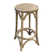 Reclaimed elm counter stool with a woven cane seat and curved wood supports