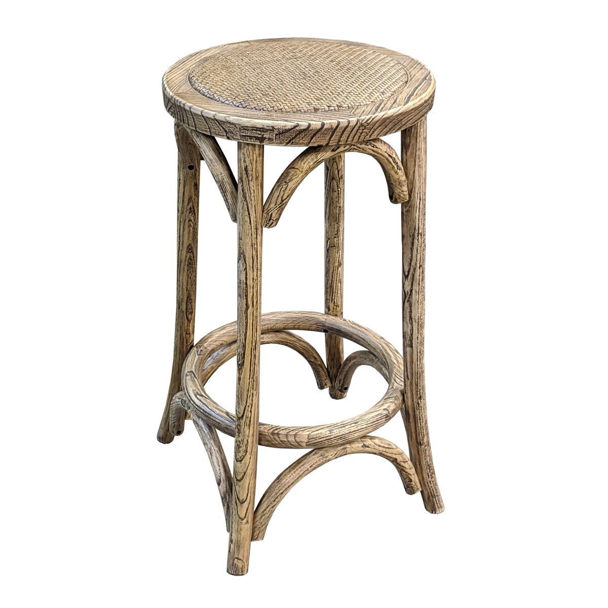 Reclaimed elm counter stool with a woven cane seat and curved wood supports