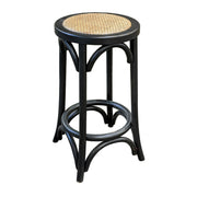Black-finished reclaimed elm counter stool with a woven cane seat