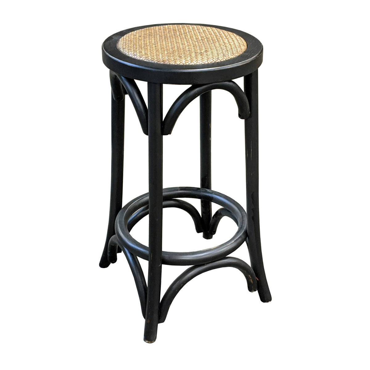 Black-finished reclaimed elm counter stool with a woven cane seat