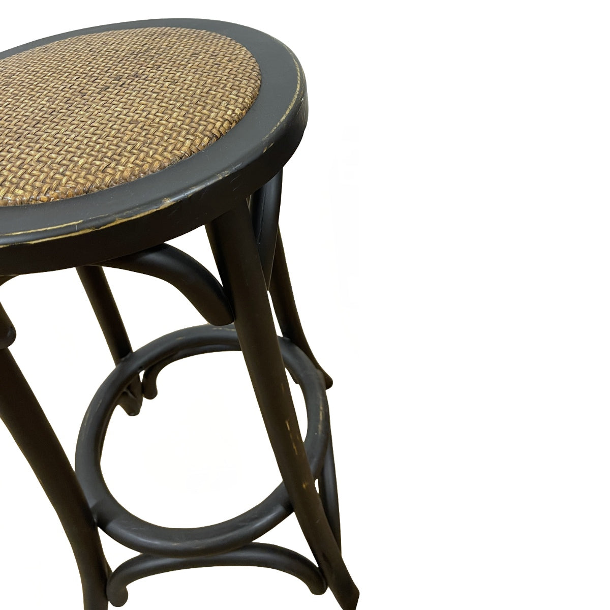 Black-finished reclaimed elm counter stool with a woven cane seat