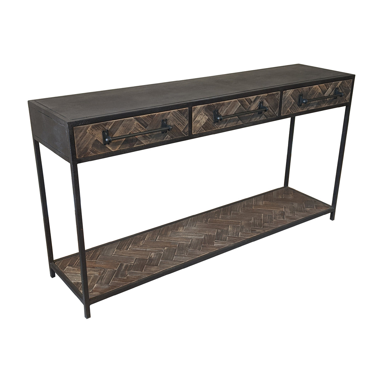 Reclaimed pine and iron console table with drawers and a lower shelf