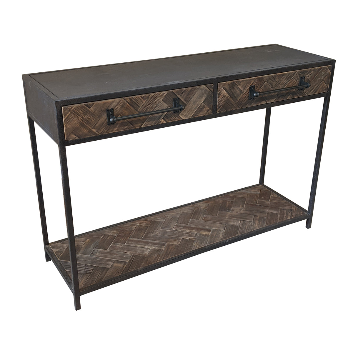 Small reclaimed pine console table with two drawers and a lower shelf
