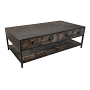 Reclaimed pine and iron coffee table with patterned drawers and lower shelf