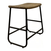 Reclaimed elm seat on a black iron base with straight legs and stretchers