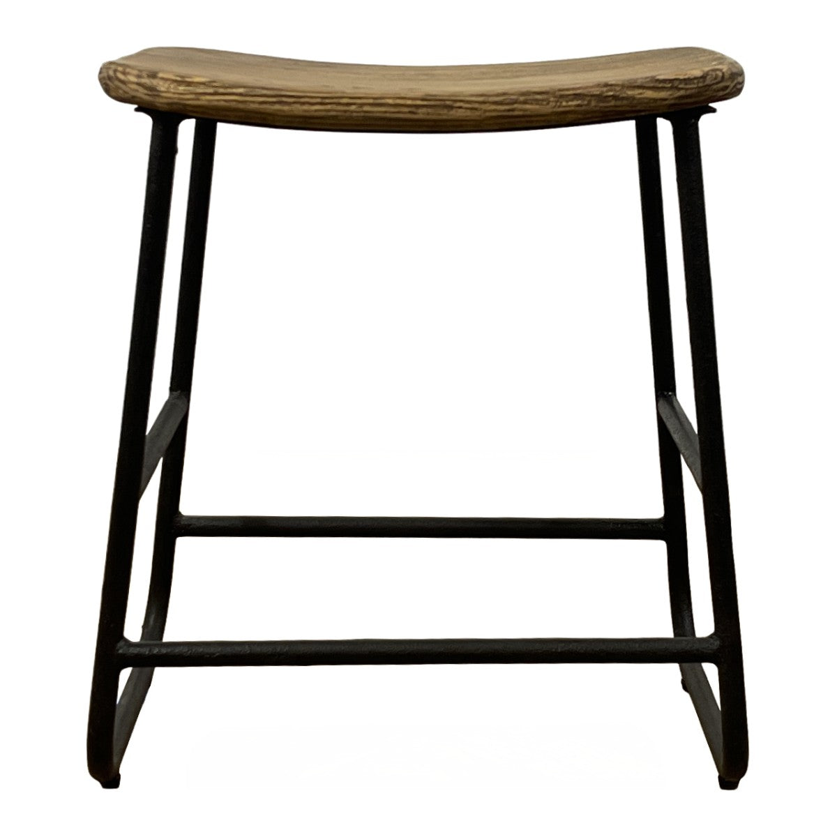 Reclaimed elm seat on a black iron base with straight legs and stretchers