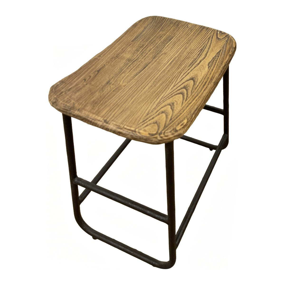 Reclaimed elm seat on a black iron base with straight legs and stretchers