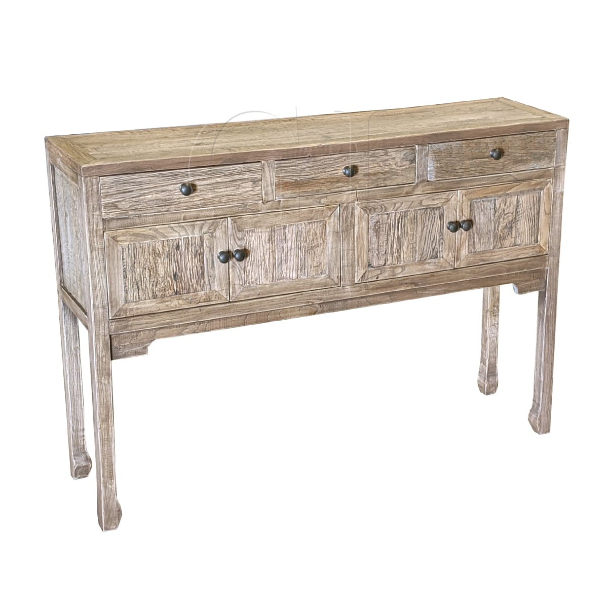 Reclaimed oak console table with drawers and lower cabinet doors