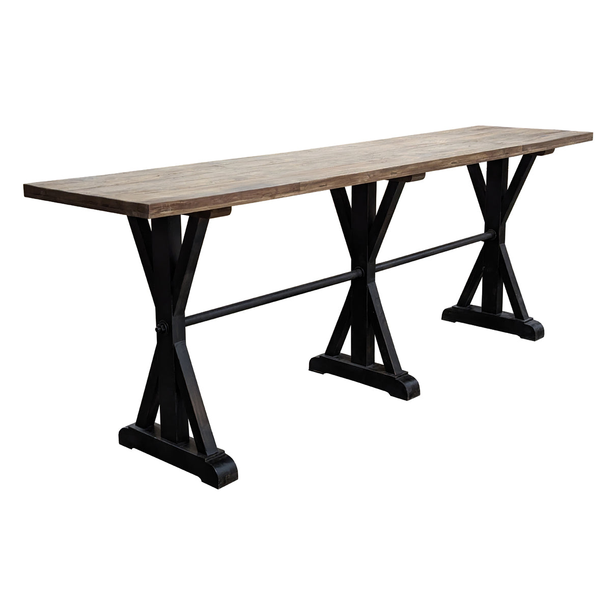Distressed elm bar-height table with angled supports and stretcher