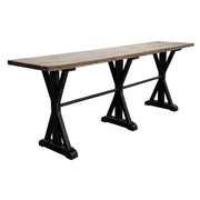 Distressed elm bar-height table with angled supports and stretcher