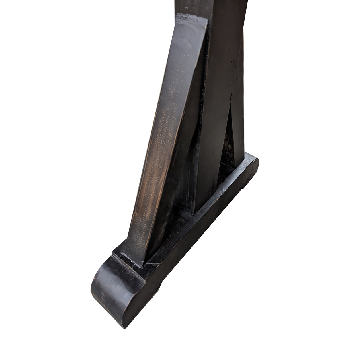 Distressed elm bar-height table with angled supports and stretcher