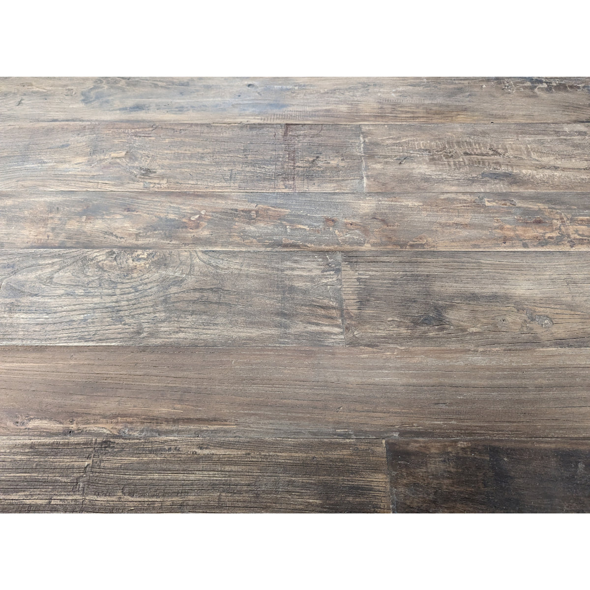Distressed elm bar-height table with angled supports and stretcher