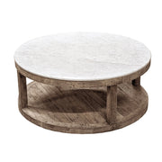 Round reclaimed oak coffee table with white marble top and lower shelf