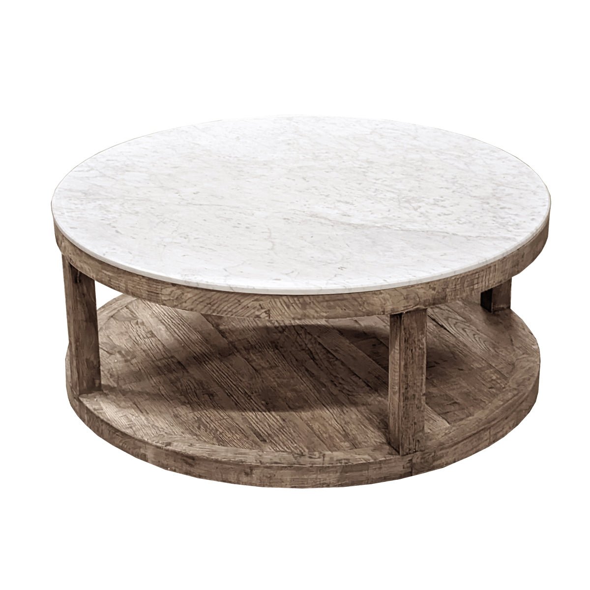 Round reclaimed oak coffee table with white marble top and lower shelf