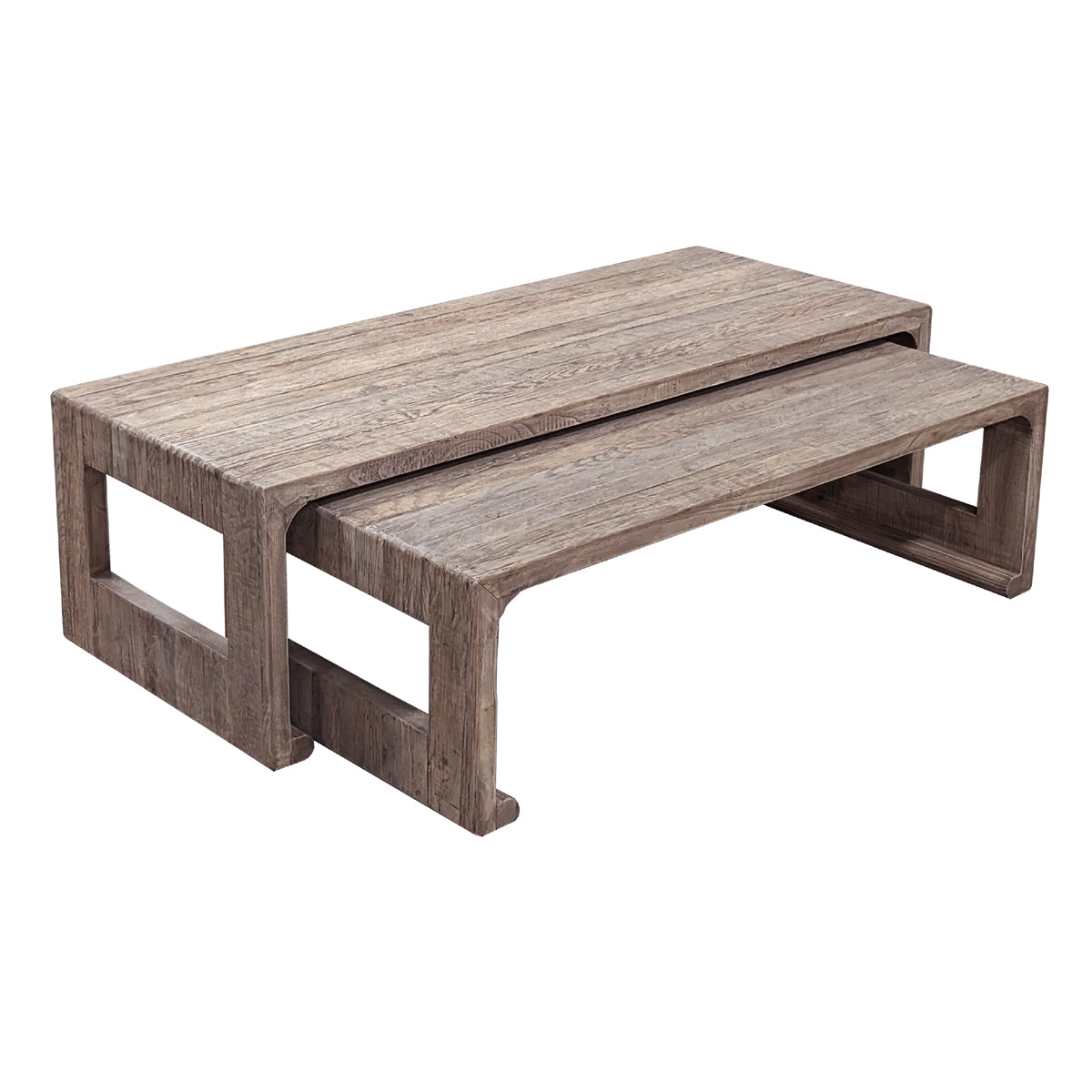 Reclaimed oak nesting coffee tables with open rectilinear bases