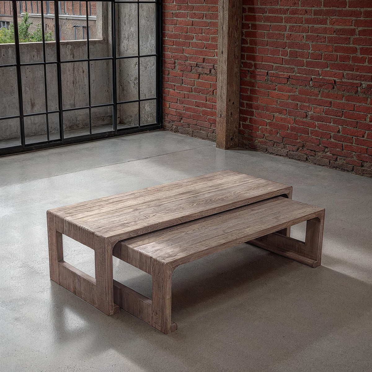 Reclaimed oak nesting coffee tables with open rectilinear bases