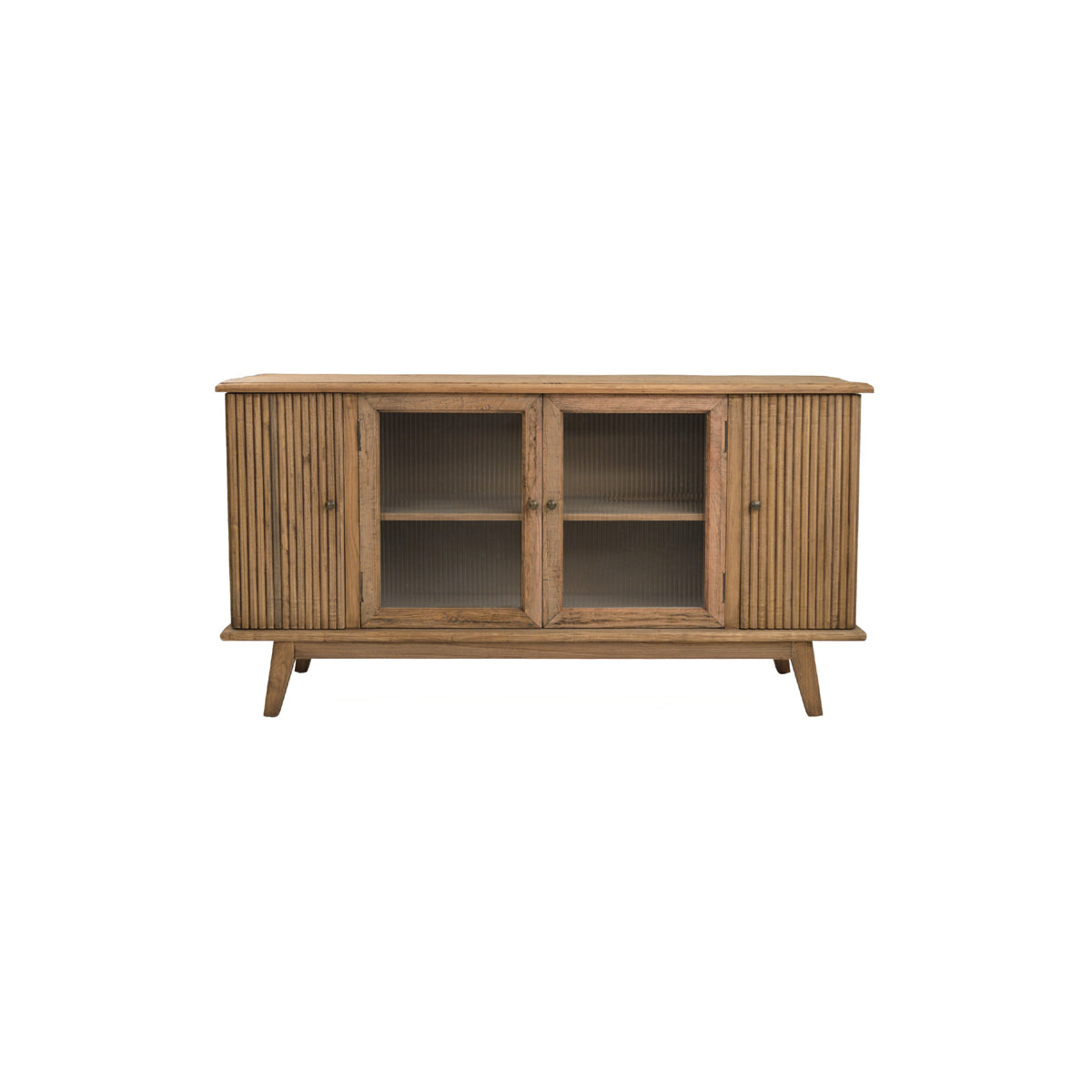 Reclaimed oak four-door server with glass panels and vertically fluted wood