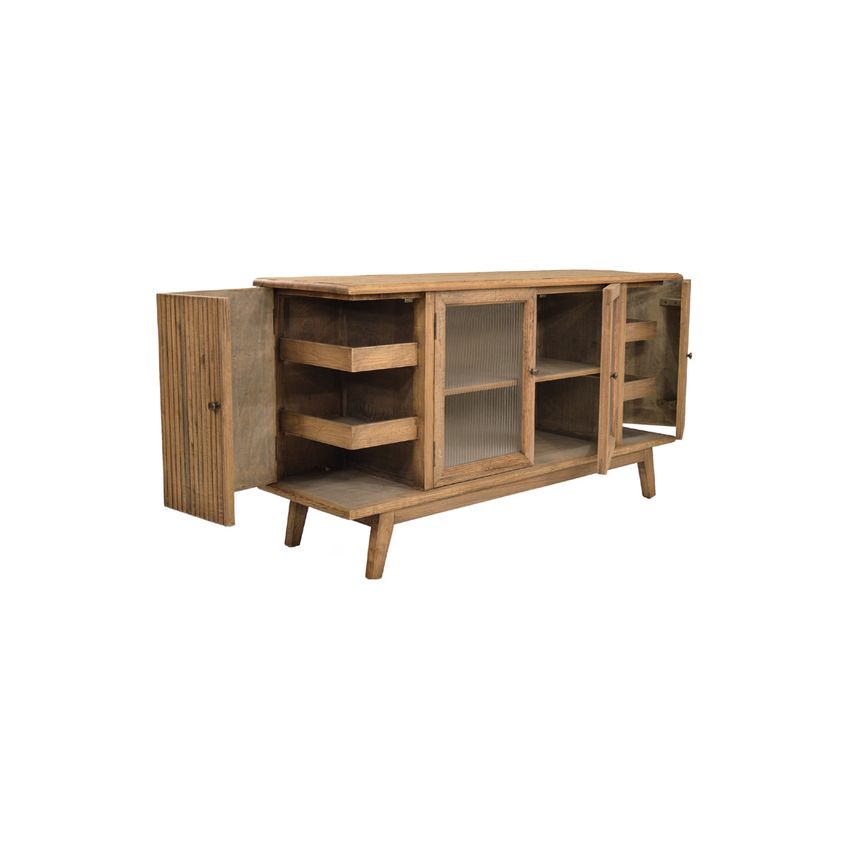 Reclaimed oak four-door server with glass panels and vertically fluted wood