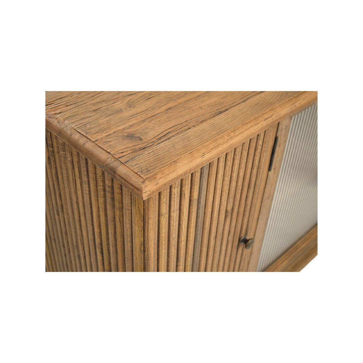 Reclaimed oak four-door server with glass panels and vertically fluted wood