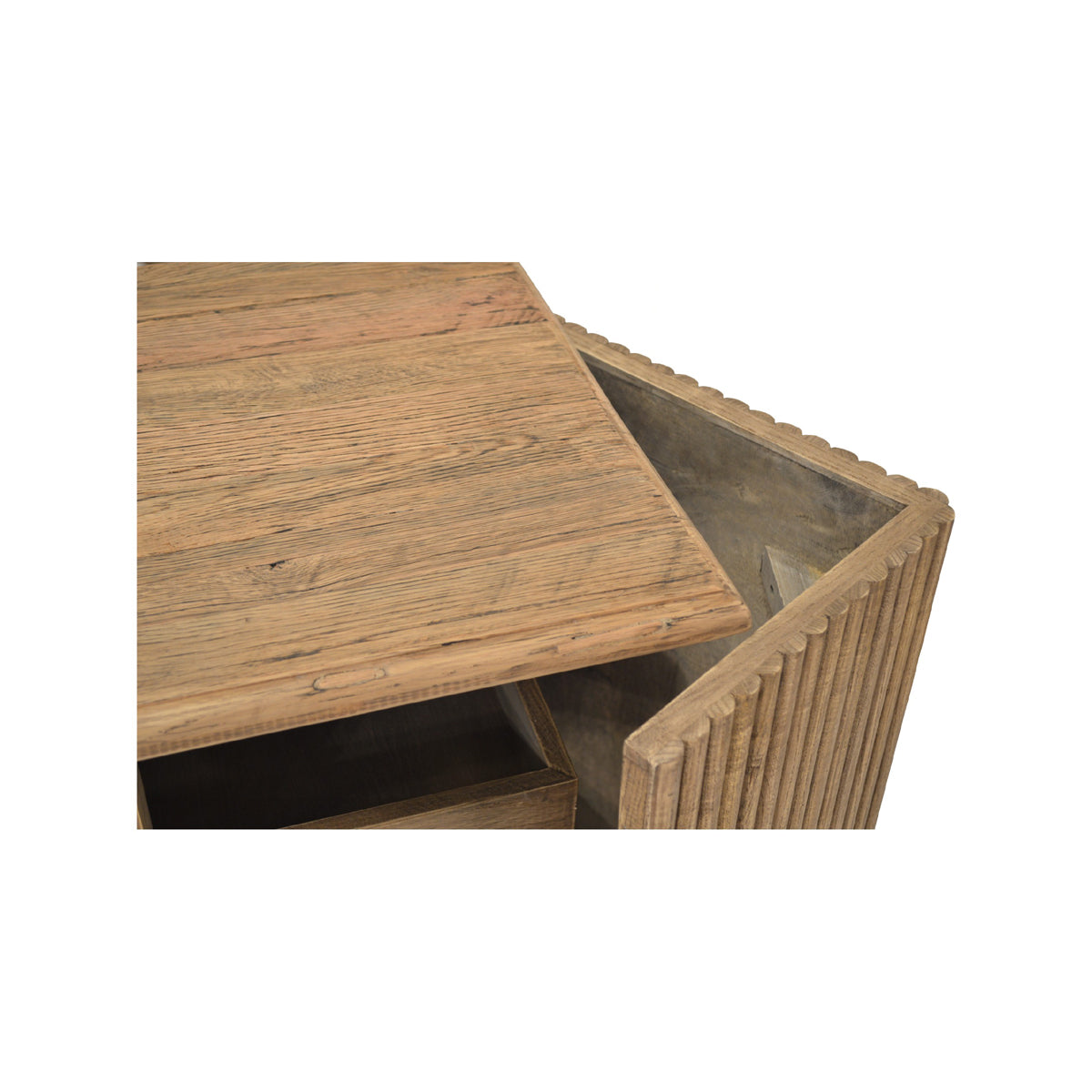 Reclaimed oak four-door server with glass panels and vertically fluted wood